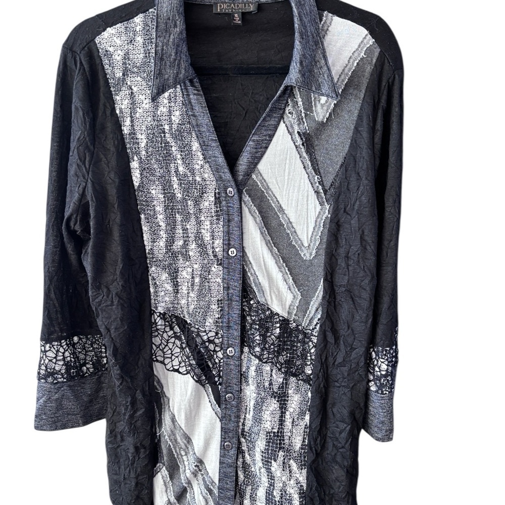Picadilly Fashion Black and Gray Textured Button Down Shirt Women's Size XL